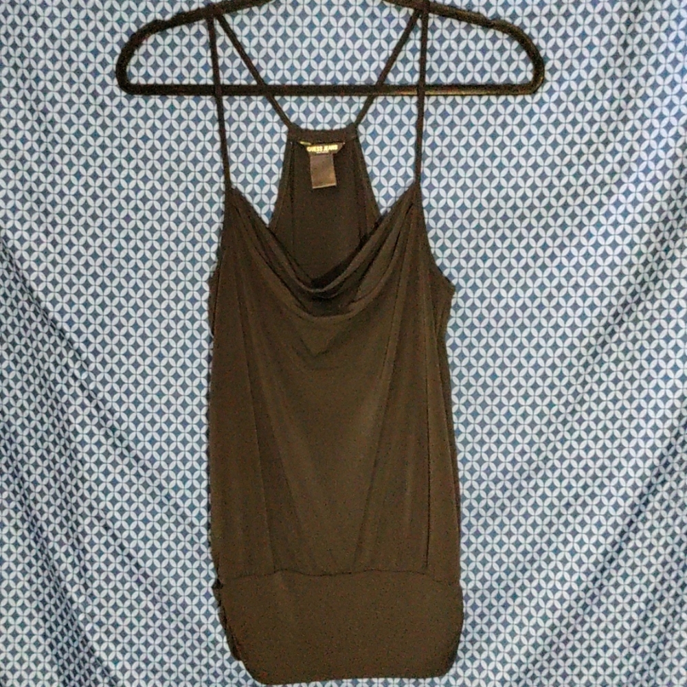 Guess Jeans - Black spaghetti strap polyester top with loose scoop neck. Size- M